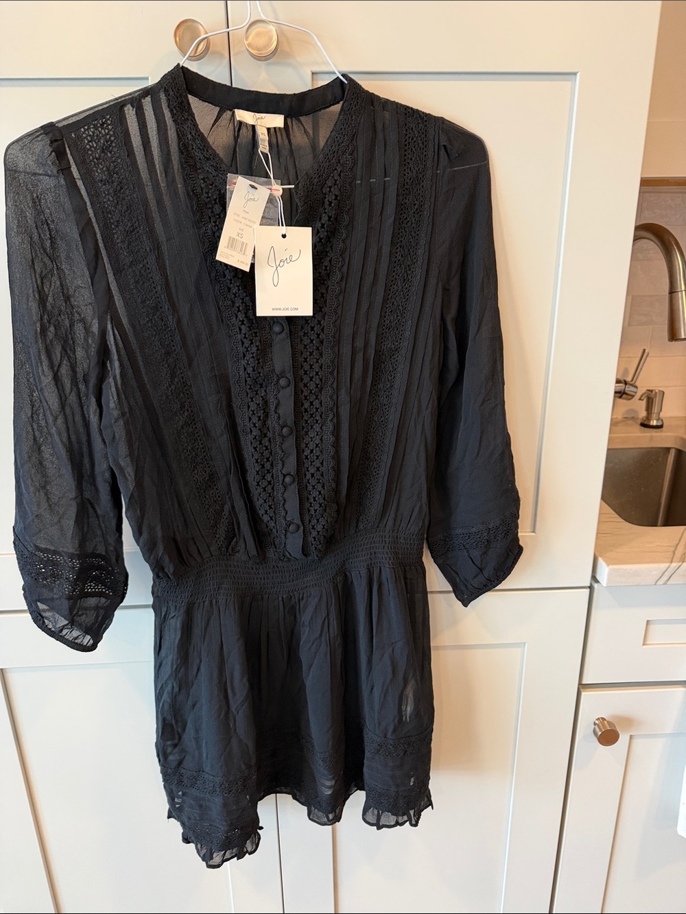 Joie Black Lace-Trim Peasant Tunic